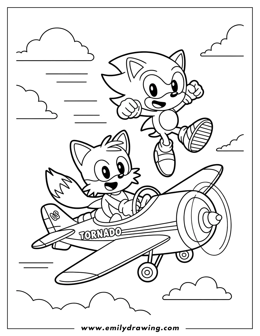 Line art of Sonic the Hedgehog jumping alongside Tails the fox, who is piloting his plane, the Tornado, in the sky with clouds.