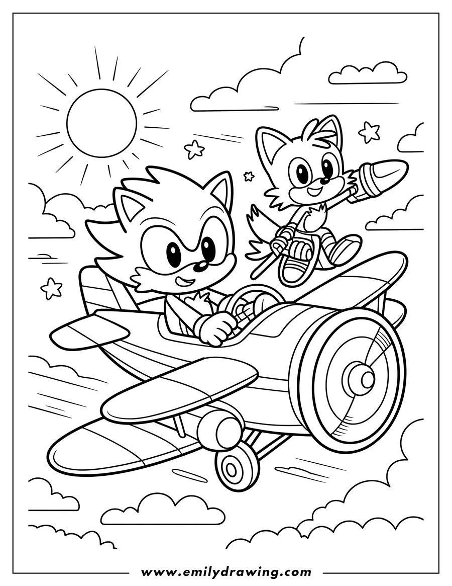Line art of Sonic the Hedgehog driving a biplane with his friend Tails flying beside him, high in the sky with clouds and the sun.