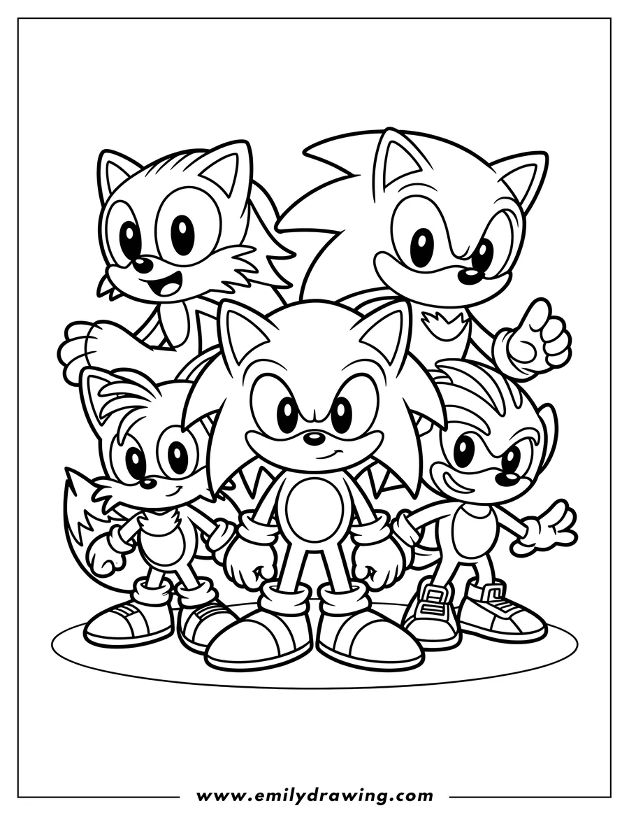 Line art of Sonic the Hedgehog, Tails, and three other Sonic characters gathered in a group pose, ready for action.