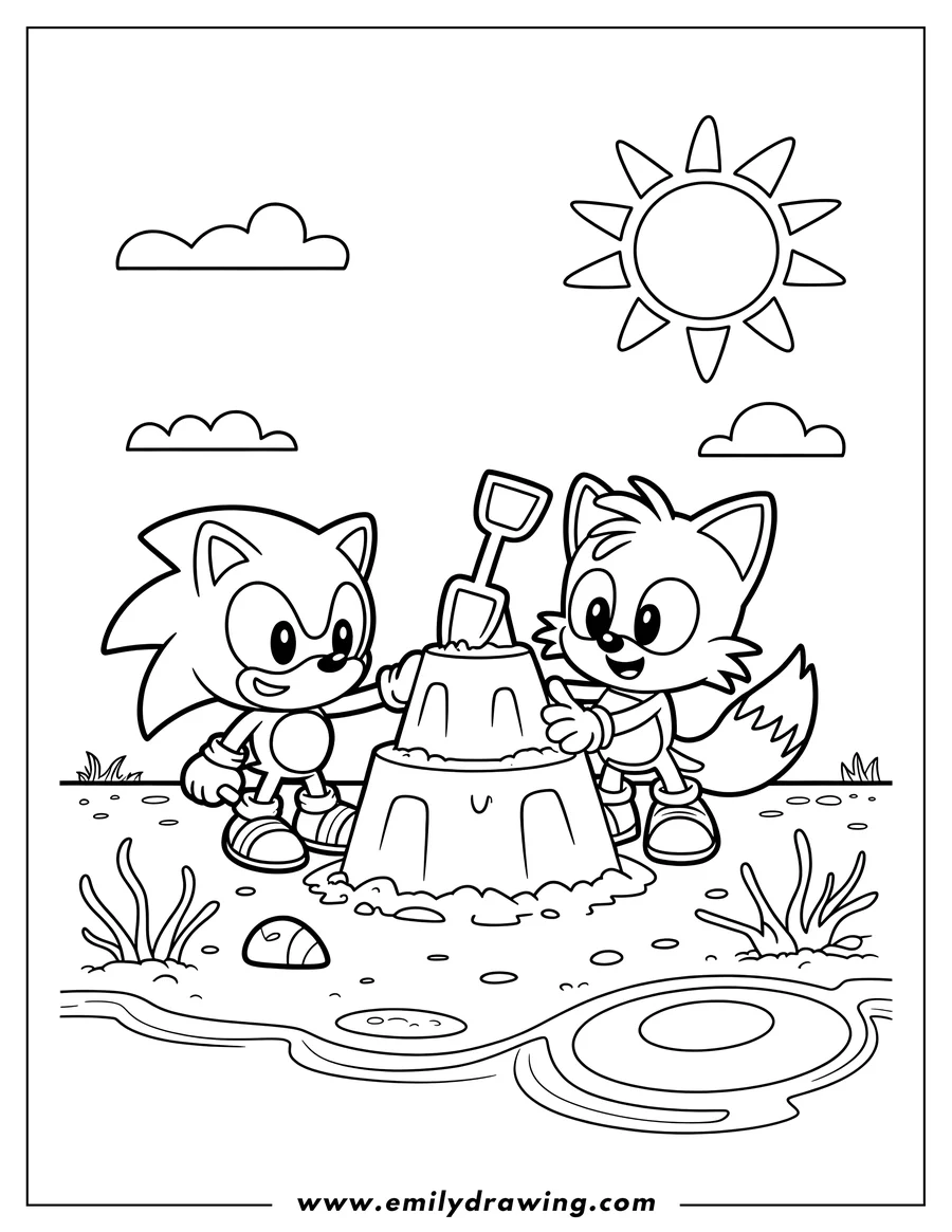 Outline of Sonic the Hedgehog and Tails building a sandcastle with a shovel on a sunny beach.