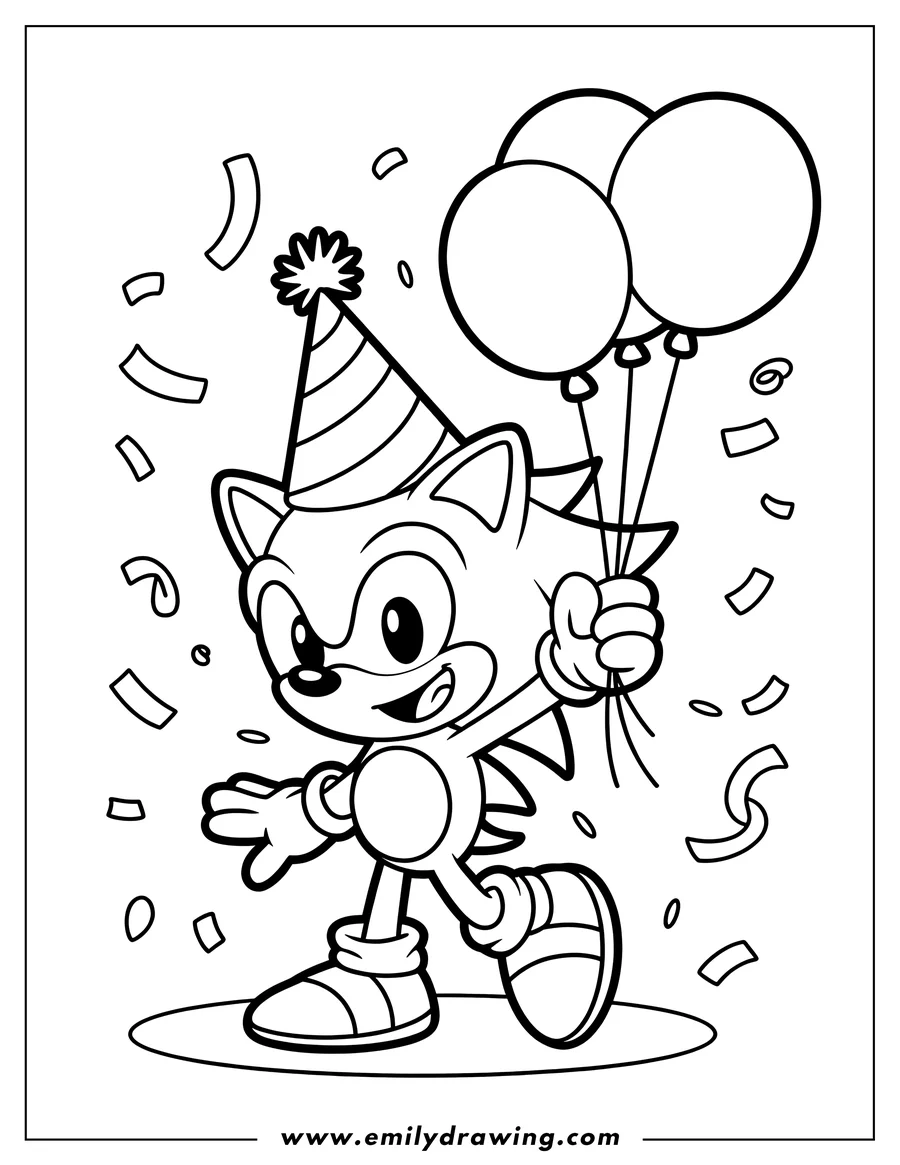 Line art of Sonic the Hedgehog wearing a party hat, holding three balloons, with confetti falling around him.
