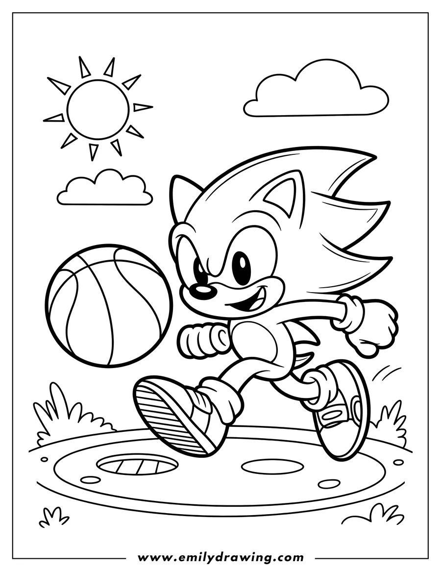 Line art of Sonic the Hedgehog dribbling a basketball outdoors with the sun and clouds in the sky.