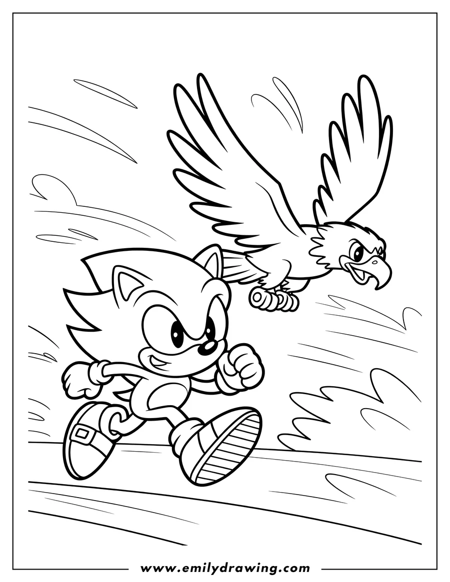 Line art of Sonic the Hedgehog running at high speed with a large bird flying closely beside him.