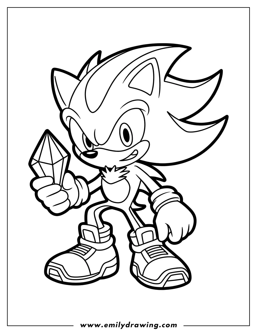 Line art of Sonic the Hedgehog holding a Chaos Emerald gem.