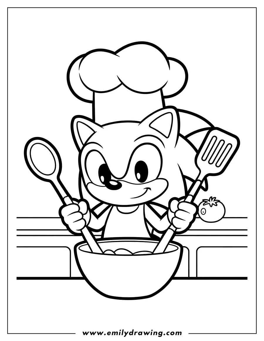 Line art of Sonic the Hedgehog wearing a chef's hat, holding a spoon and a spatula, and stirring food in a bowl, with a tomato on the counter