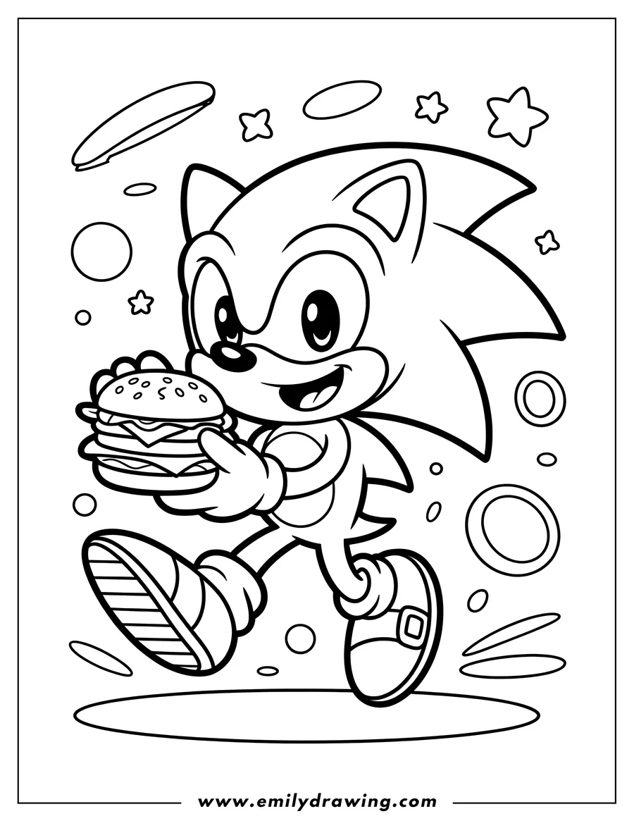 Outline of Sonic the Hedgehog, the blue video game character, holding a large hamburger with both hands, smiling. Various rings, stars, and speed lines float around him.