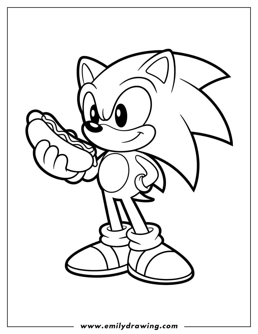 Outline of Sonic the Hedgehog holding a hot dog with zig-zag sauce on it, smiling slightly