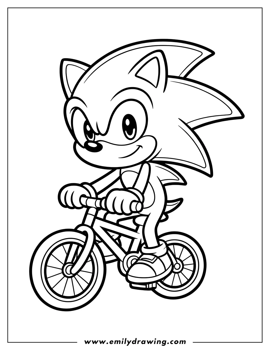 Line art of Sonic the Hedgehog riding a bicycle with a big smile on his face.