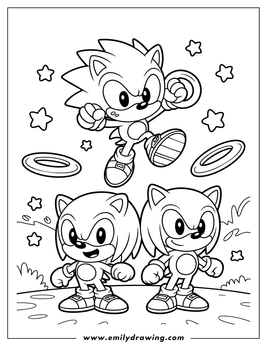 Line art of Sonic the Hedgehog jumping with rings and stars, with two more Sonic characters standing below.