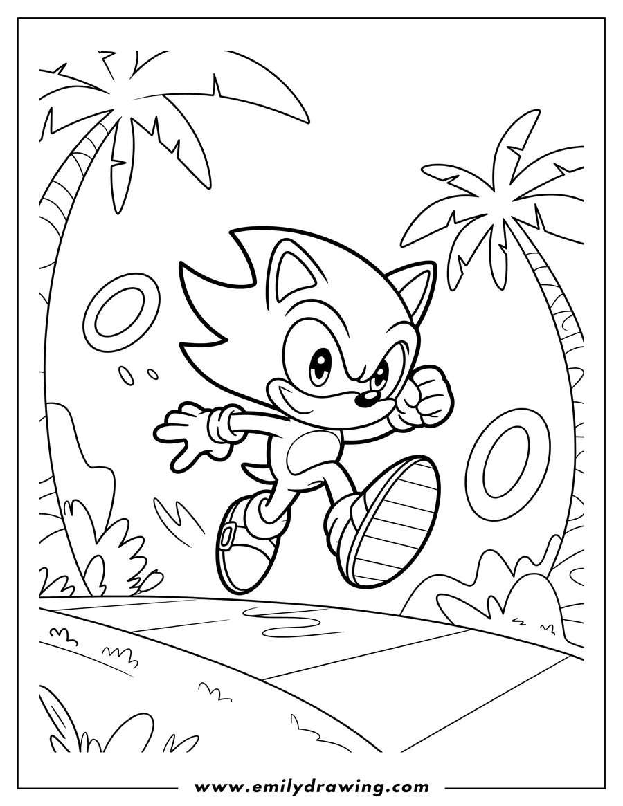 Line art of Sonic the Hedgehog running with palm trees and rings in the background.