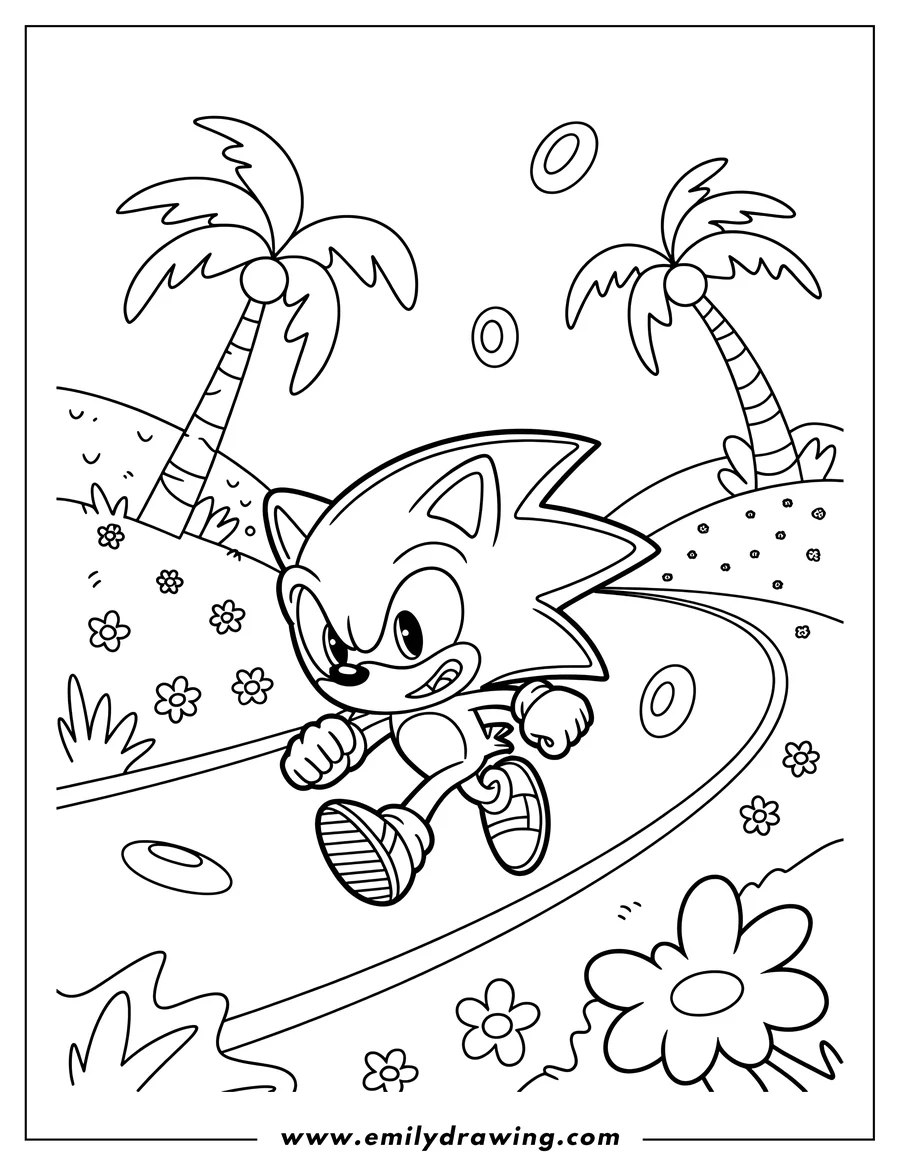 Outline of Sonic the Hedgehog running at high speed on a curved path, with two palm trees and floating rings in the background.