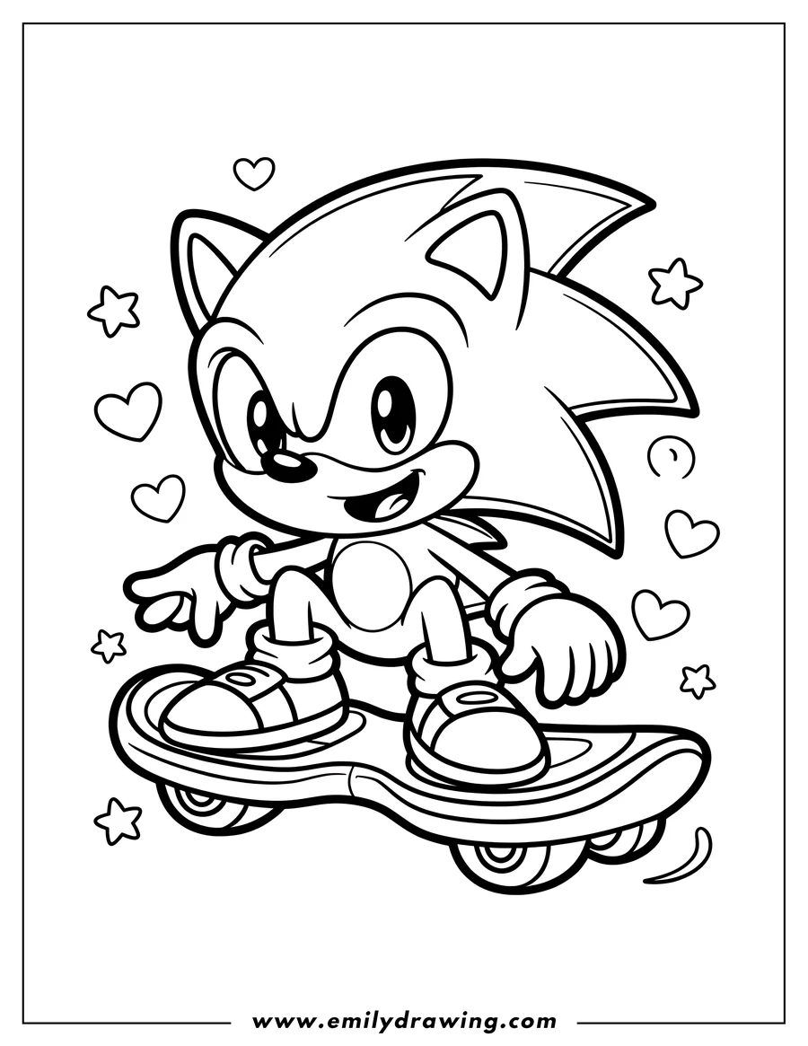 Line art of Sonic the Hedgehog smiling and riding a skateboard, surrounded by hearts and stars.