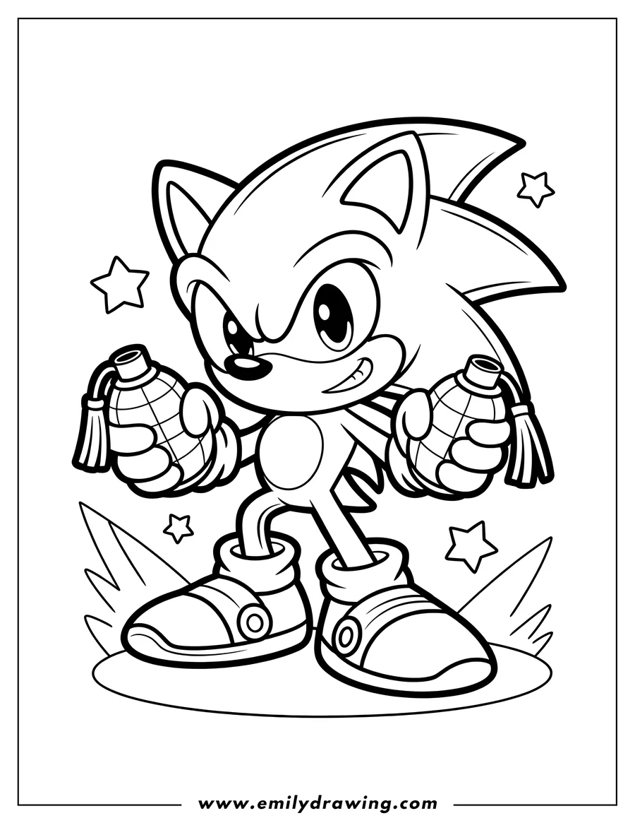 Line art of Sonic the Hedgehog holding two grenades, looking mischievous