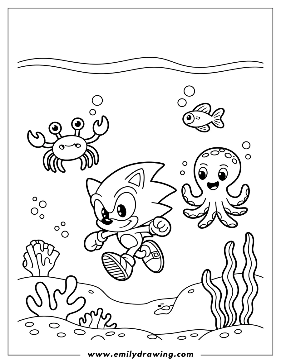 Line art of Sonic the Hedgehog under the sea, with an octopus, a crab, and a small fish swimming around him, surrounded by bubbles and coral.