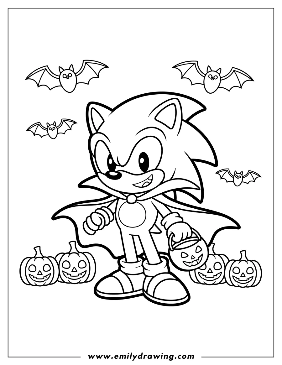 Line art of Sonic the Hedgehog dressed in a vampire costume, holding a pumpkin trick-or-treat pail, surrounded by smiling jack-o'-lanterns and flying bats.