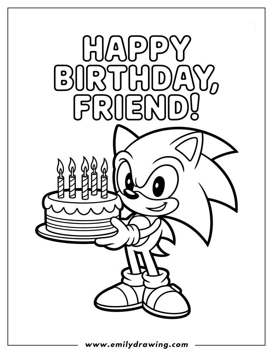 Outline of Sonic the Hedgehog holding a small birthday cake with five lit candles, with text 'HAPPY BIRTHDAY, FRIEND!' above.