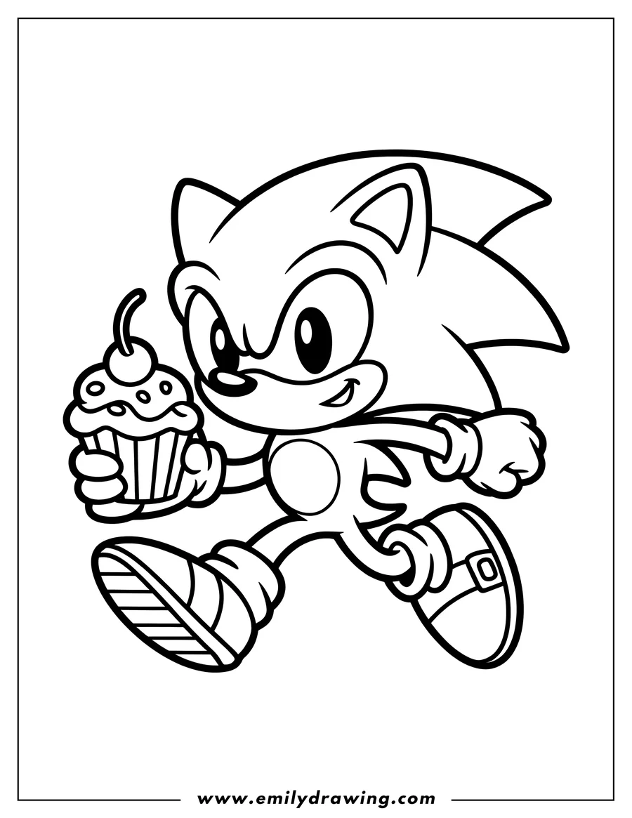 Outline of Sonic the Hedgehog holding a cupcake with frosting and a cherry on top, mid-stride and smiling.