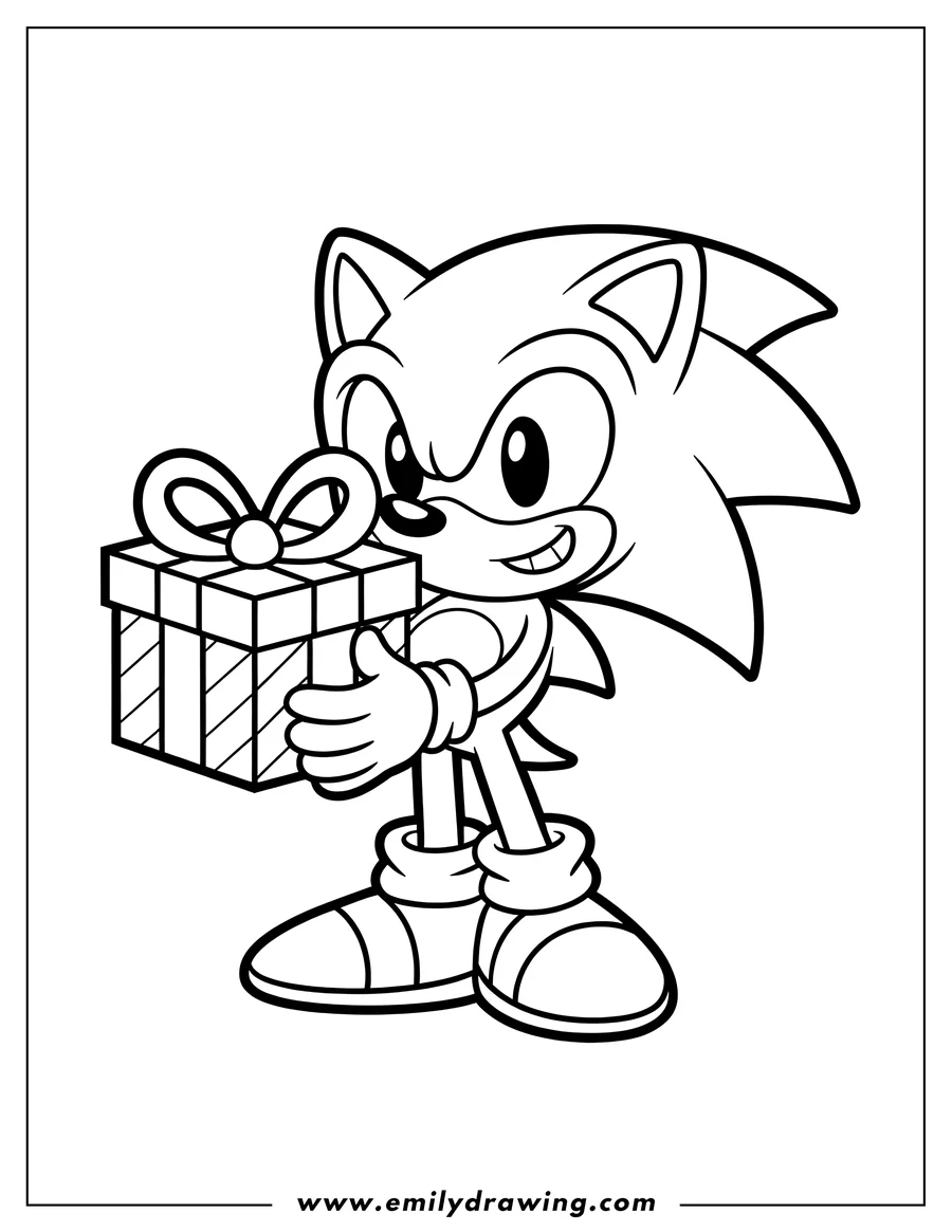 Line art of Sonic the Hedgehog holding a striped gift box with a bow on top, smiling happily