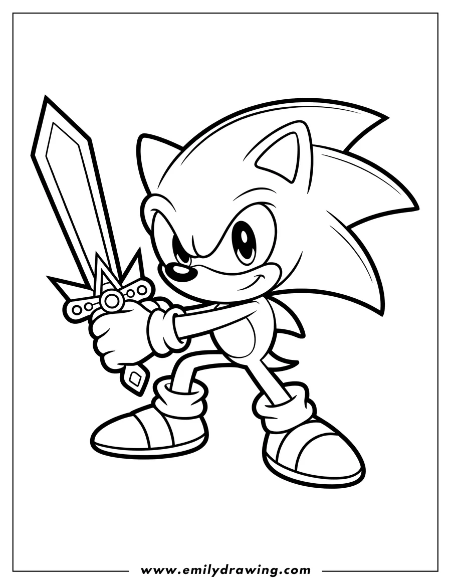 Line art of Sonic the Hedgehog holding a sword, ready for action.