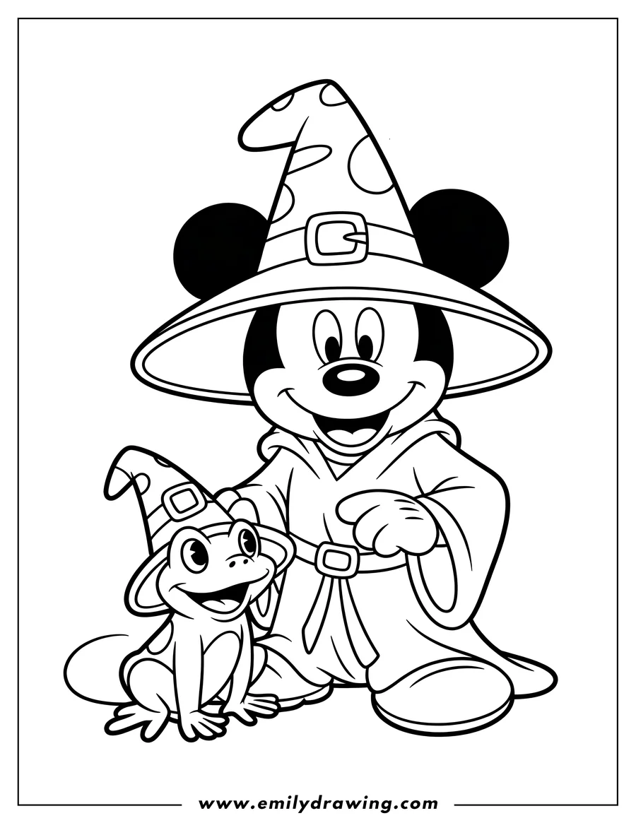 Line art of a cheerful sorcerer wearing a large robe and polka-dot wizard hat, standing next to a smiling frog who is also wearing a matching small wizard hat.