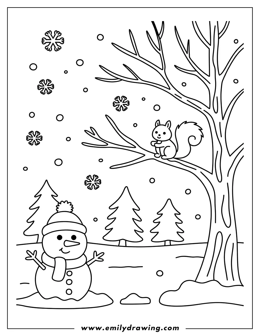 Line art of a winter scene with a snowman, a squirrel on a tree branch, and falling snowflakes.