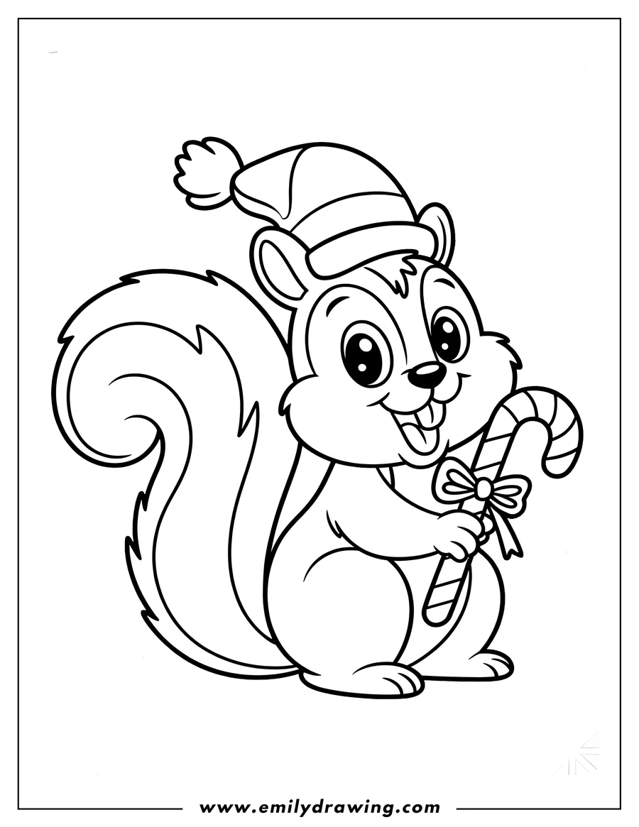 Line art of a squirrel wearing a Santa hat and holding a candy cane with a bow.