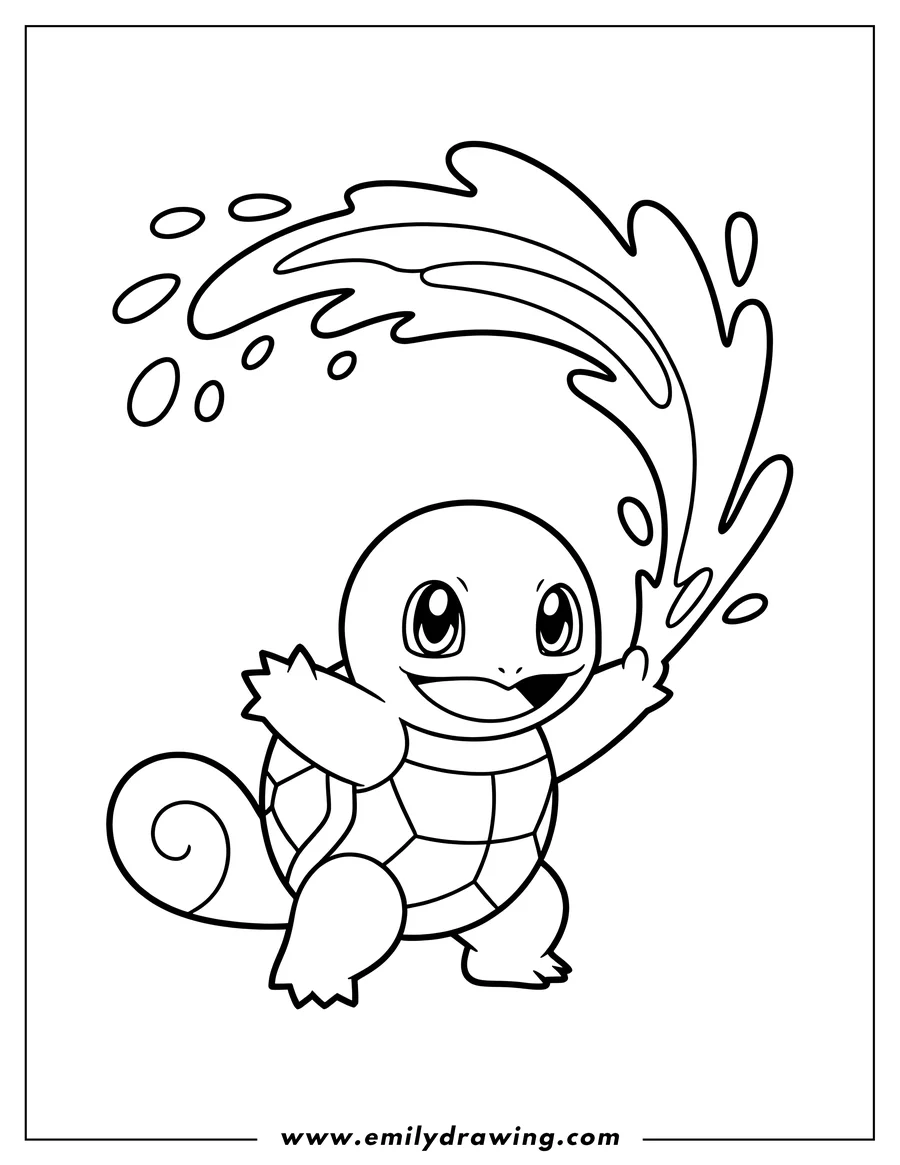 Line art of Squirtle, a cartoon turtle-like Pokémon, blasting a stream of water from its mouth.