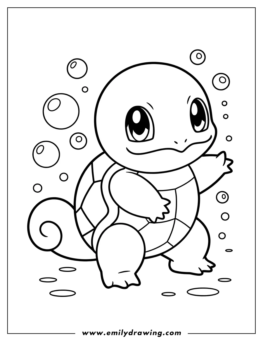 Outline of the Pokemon Squirtle surrounded by many bubbles, with its arm slightly raised.