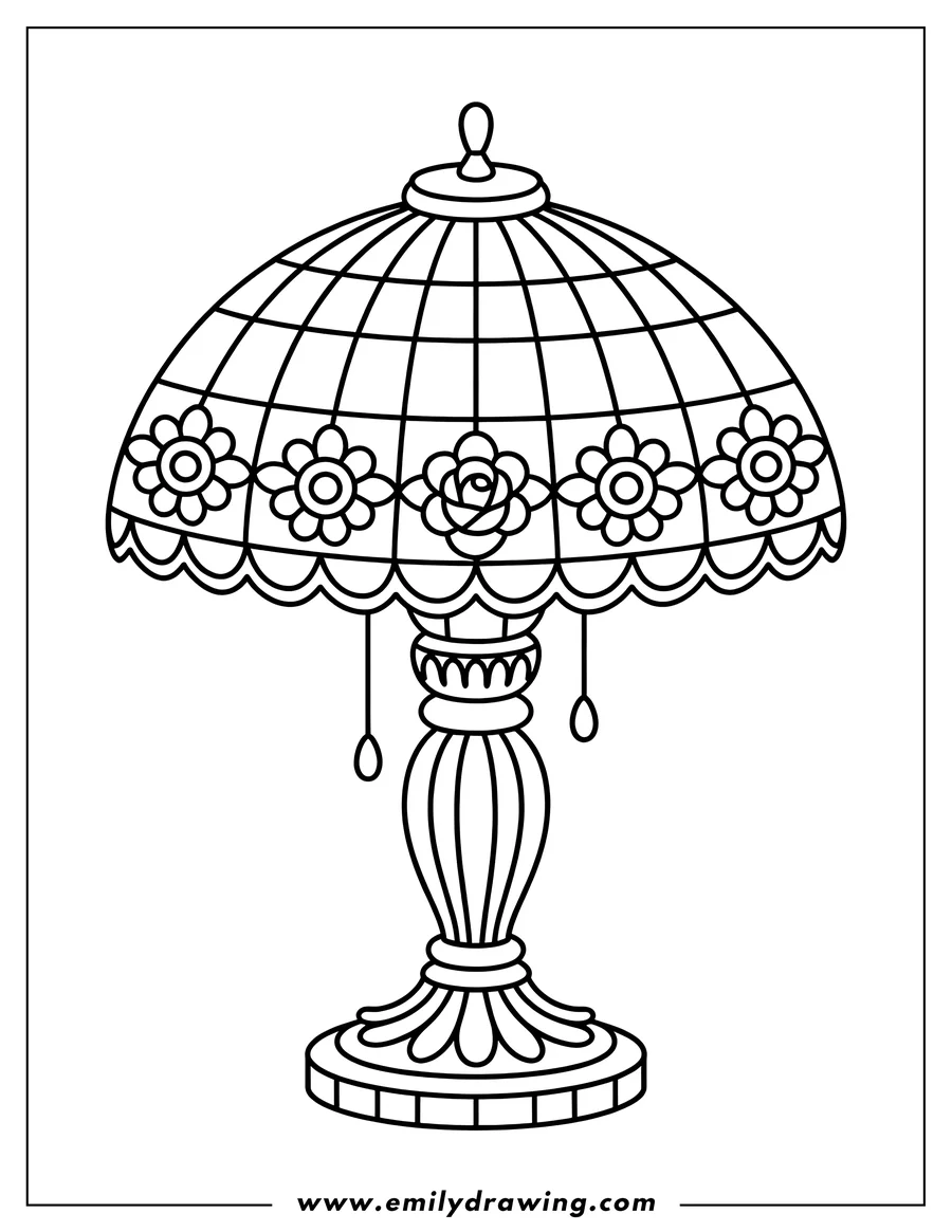 Outline of a stained glass lamp with a patterned shade, floral decorations, and an elegant base.