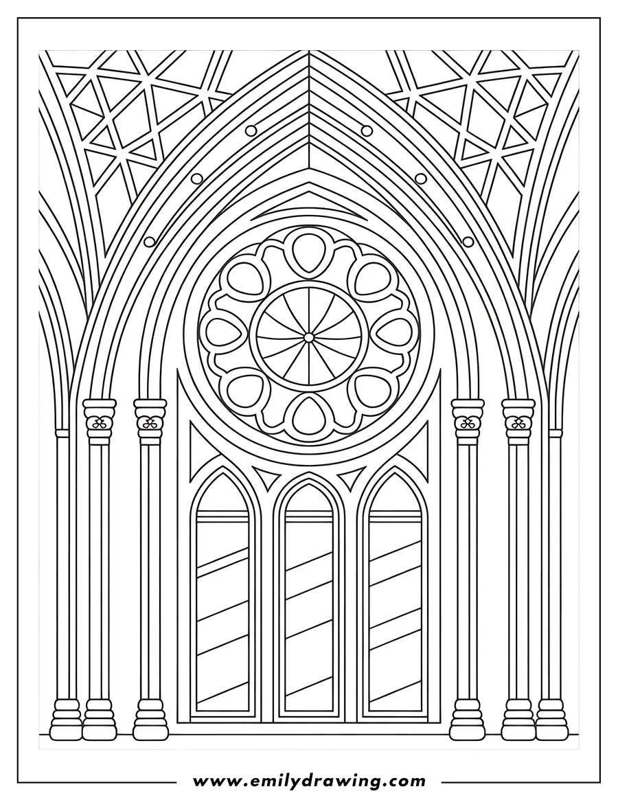 Line art of a detailed stained glass window with a circular rose design at the top and three vertical panels below.