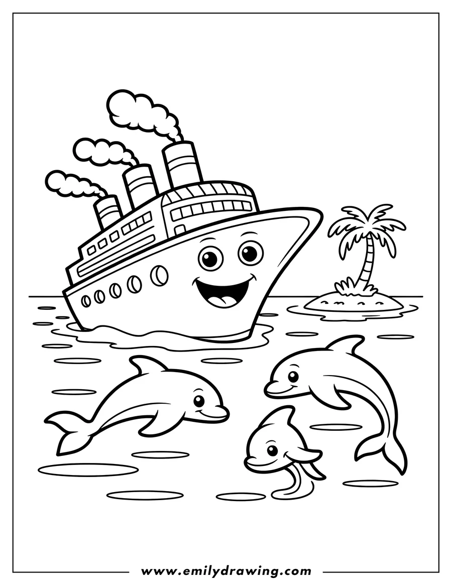 Outline of a steamboat near a small island with a palm tree, and three dolphins swimming in the water.