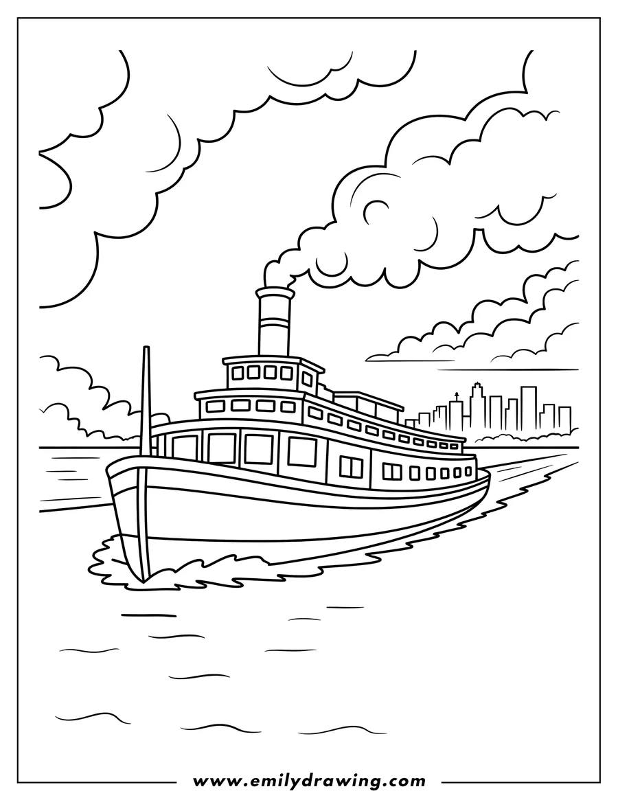 Line art of a steamboat approaching a city skyline.