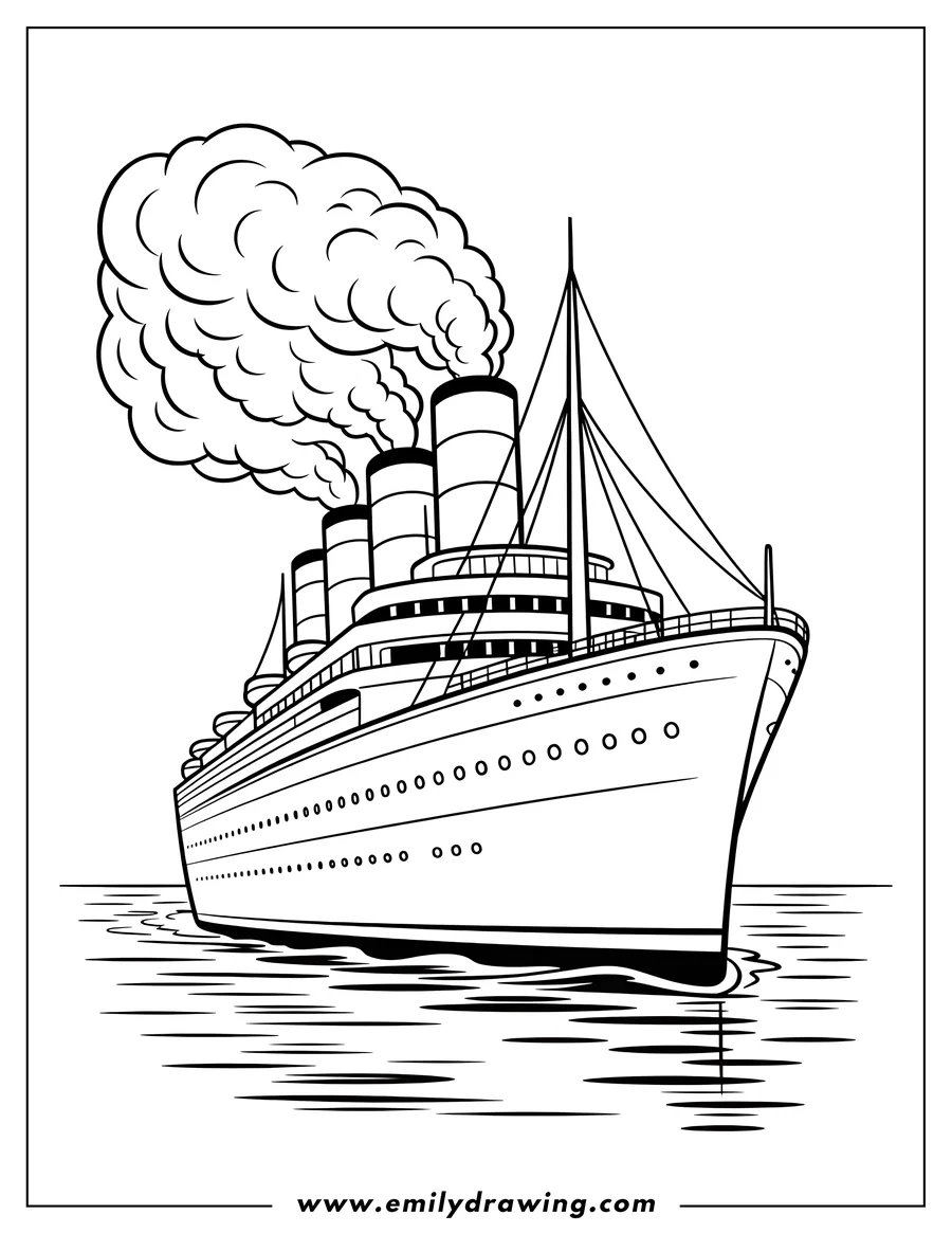 Outline of a steamboat traveling on the water with steam billowing from its smokestacks.