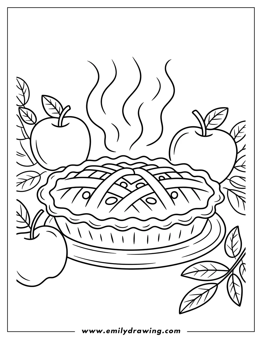 Line art of a freshly baked pie with a lattice crust, showing steam rising, surrounded by three whole apples and leaves.