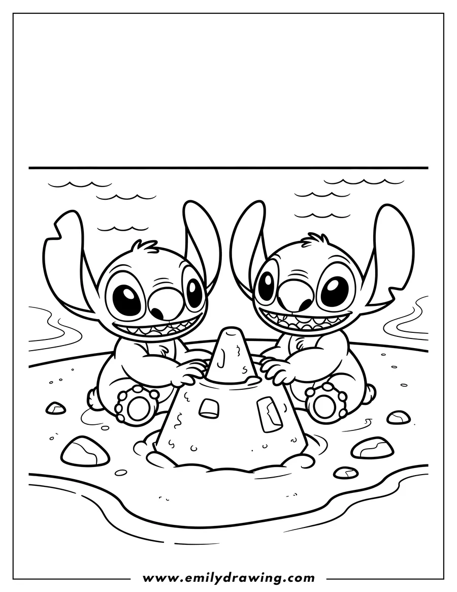 Outline of Stitch and Angel on a beach, happily building a sandcastle with their hands. The sandcastle has small windows and is surrounded by sand, pebbles, and water lines.