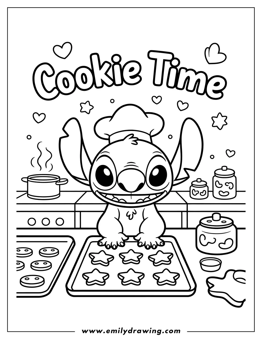 Line art of the alien character Stitch wearing a chef hat and standing over a baking sheet full of star-shaped cookies on a kitchen counter. The phrase 'Cookie Time' is written above him.