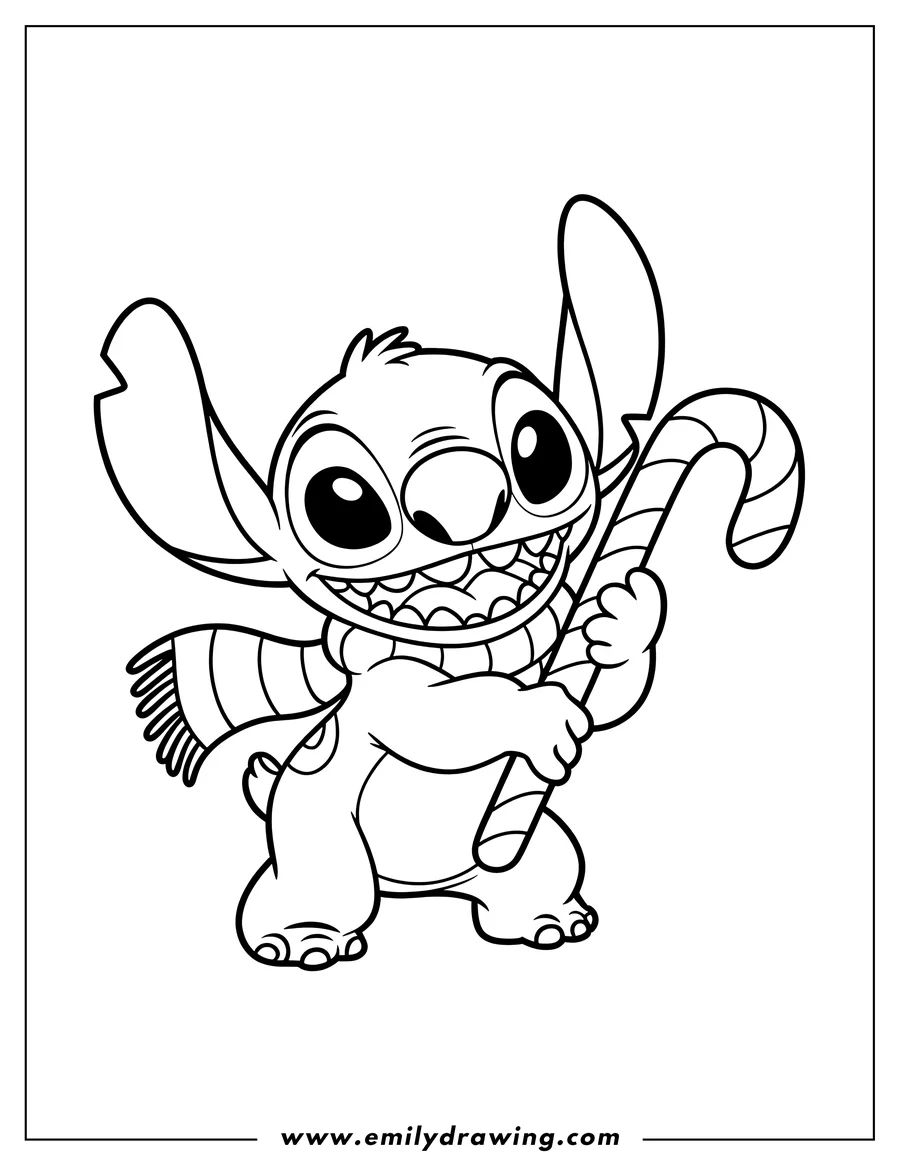 Line art of Stitch from Lilo and Stitch holding a large candy cane and wearing a striped scarf.