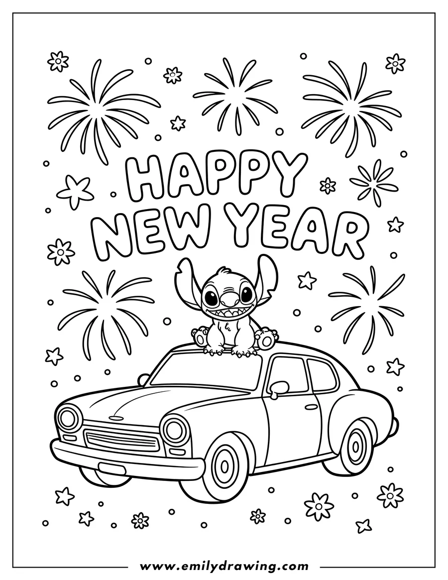Outline of Stitch sitting on the roof of a vintage-style car, with 'HAPPY NEW YEAR' text above and fireworks, stars, and flowers in the background.