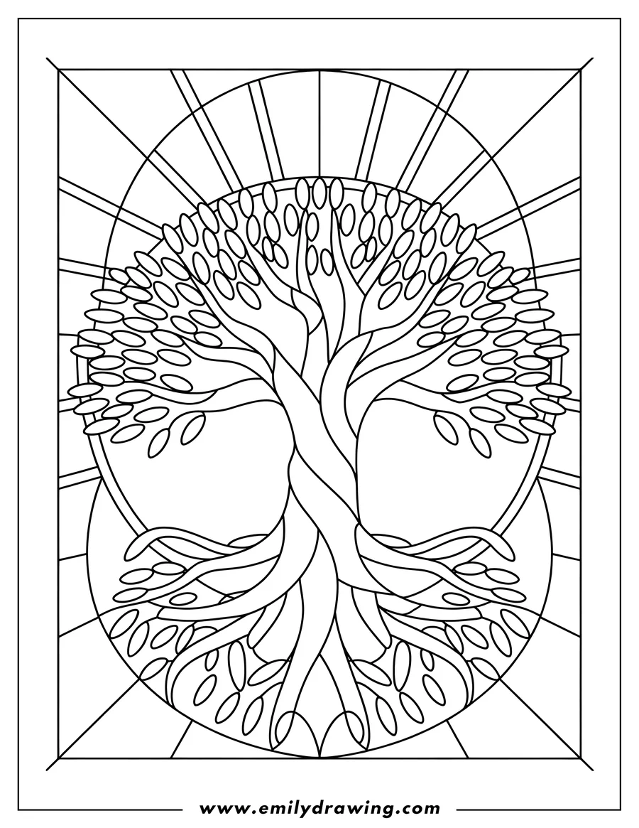 Line art of a stylized tree design within a rectangular stained glass window frame, radiating lines suggest sunlight from the top corner.