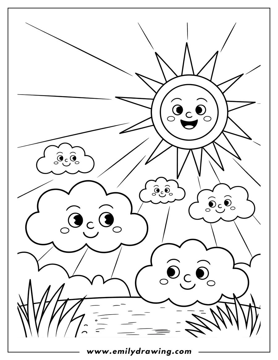 Outline of a cartoon sun smiling brightly above several smiling clouds, with rays extending down towards a body of water and tall grass.