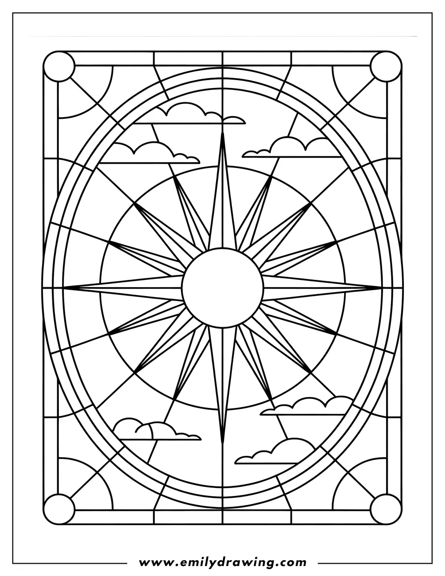 Line art of a stained glass design with a stylized sun and clouds.