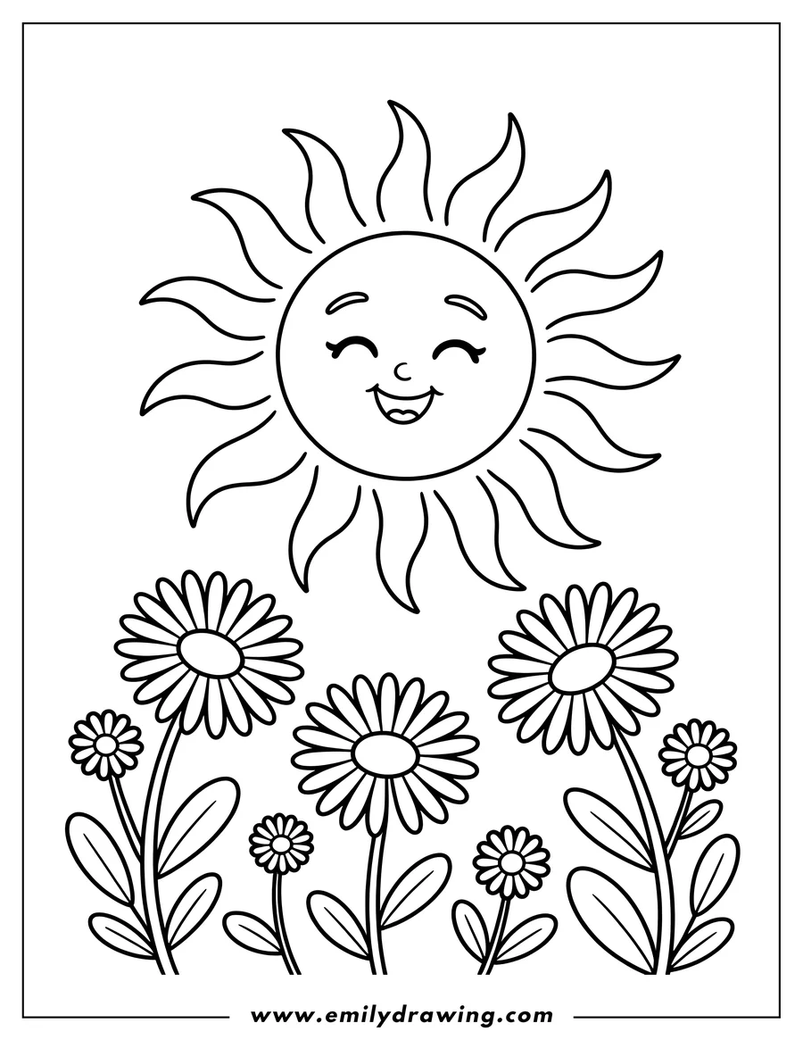 Outline of a cheerful, smiling cartoon sun shining brightly over a field of tall daisy flowers and smaller blossoms.