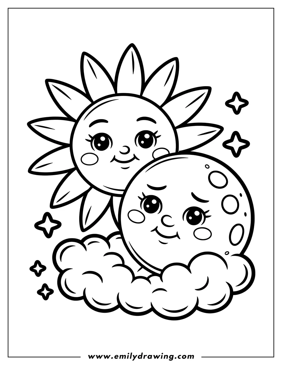 Line art featuring a cartoon Sun and Moon smiling together, partially obscured by fluffy clouds, with small stars twinkling in the background.