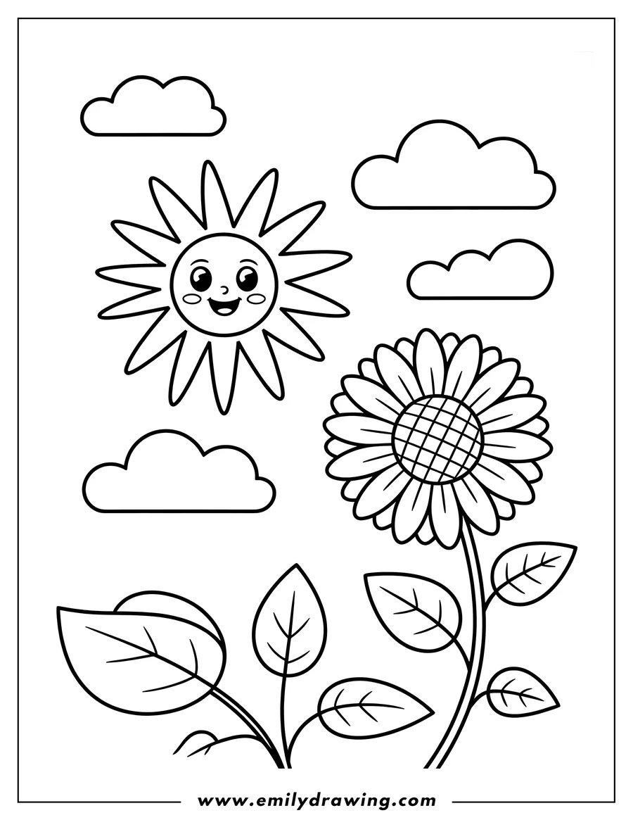 Outline of a cartoon smiling sun shining over a large detailed sunflower with a stem and leaves, surrounded by three simple clouds.