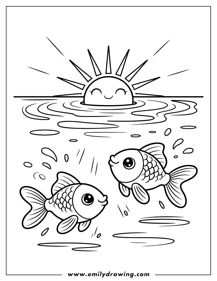 Outline of a cartoon sun smiling as it rises over the water with two cute fish swimming below the surface.