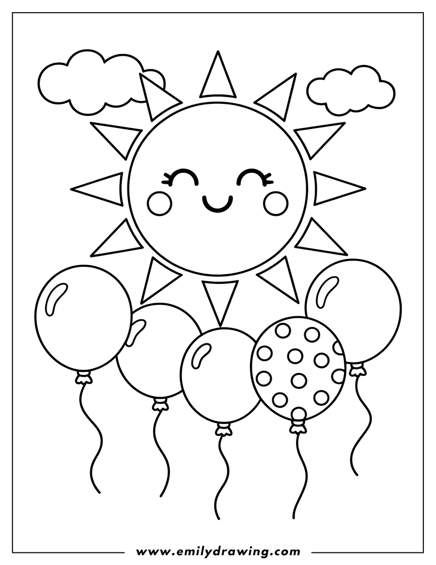 Outline of a cute, smiling sun surrounded by triangle rays, floating above a cluster of five party balloons, one of which has polka dots.