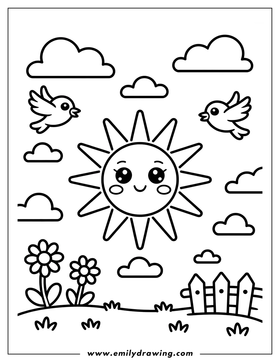 Outline of a cute Kawaii-style smiling sun in the center, surrounded by fluffy clouds. Two small birds fly on either side. Below, there are illustrations of flowers and a short picket fence on grassy ground.