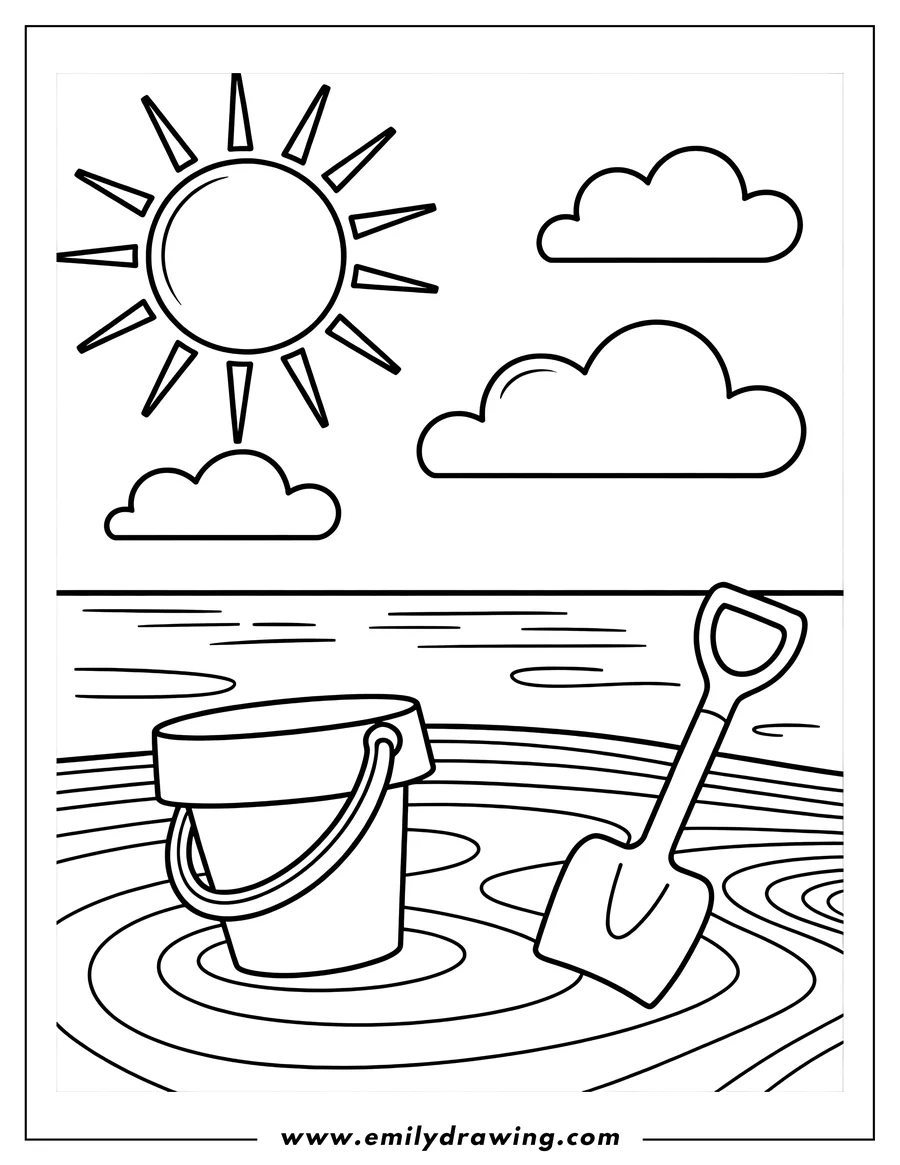 Outline of the sun with geometric rays shining above three clouds, and below, a sand bucket and shovel sitting in the wet sand.