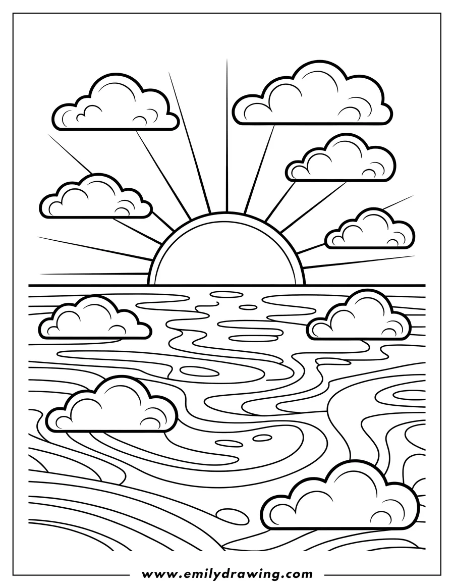 Outline of a rising or setting sun with bold rays shining between several stylized clouds, positioned above a body of water characterized by wavy, organic lines.