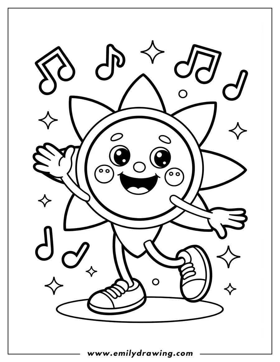Line art of a cheerful cartoon sun character wearing shoes and dancing happily. The sun is surrounded by floating musical notes and sparkling star shapes.